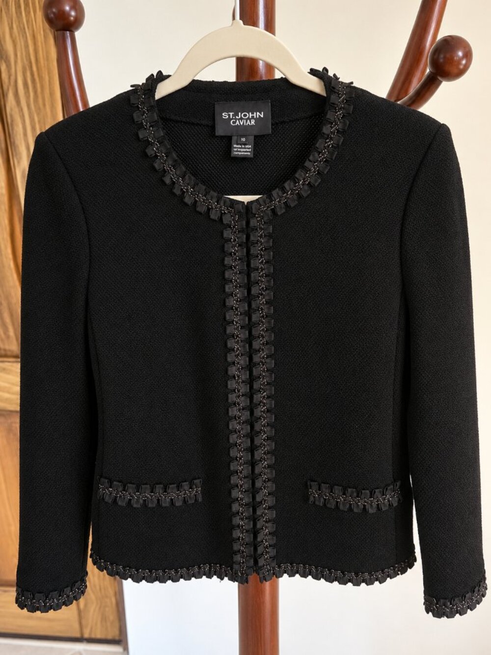 St. John Caviar Black Santana Knit Jacket Size 10 Ribbon Fringe Trim